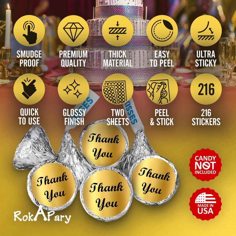 RokAPary Gold Foil Thank You Kisses Stickers, (Set of 216) Chocolate Drops Labels Stickers for Weddings, Bridal Shower, Engagement Party, Birthday, Baby Shower, Party Favors Decor for Kisses. Made in USA - Image 3